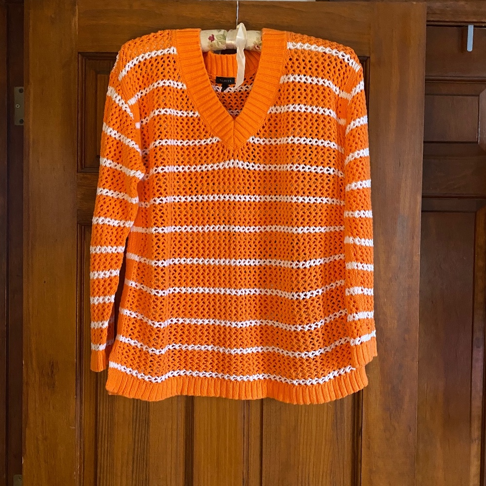 Talbots orange white stripe open stitch sweater large